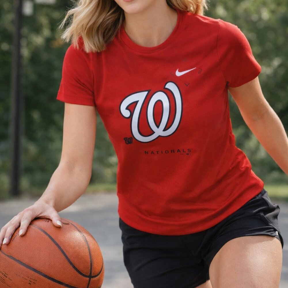 Nike Dry-FIT Washington Nationals V-Neck Tee Women's L Red Athletic T-Shirt